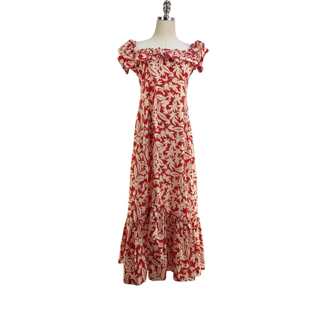 Rixo London June Ruffled Floral Cotton Midi Dress Red